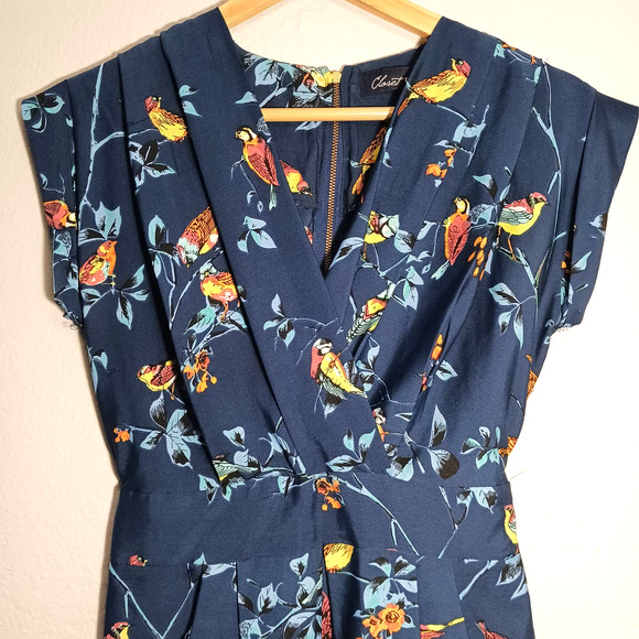 Closet Blu Tropical Birds Floral V-Neck Short Sleeve Navy Blue Yellow S Dress - Picture 3 of 7